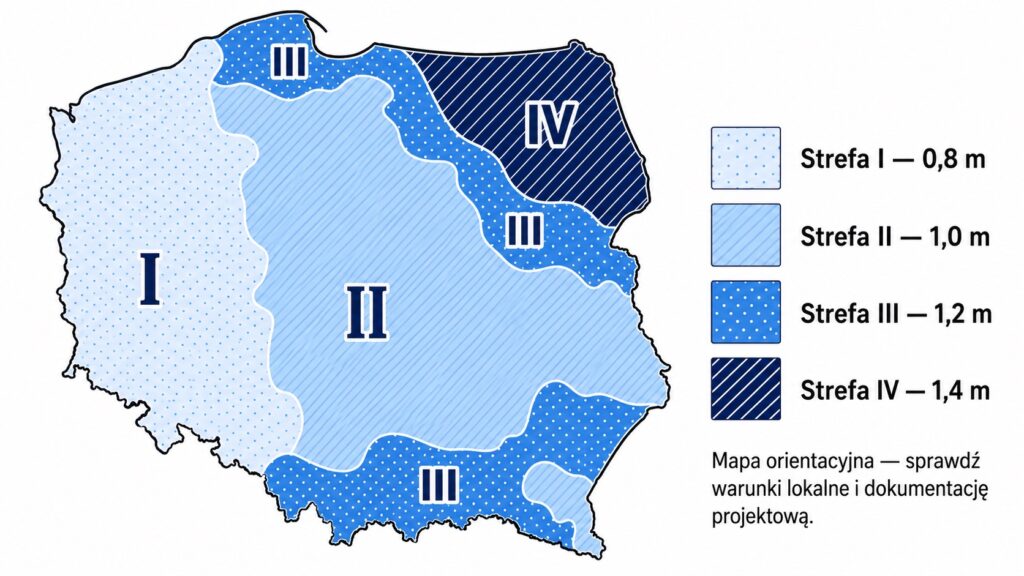 Mapa stref przemarzania gruntu w Polsce z głębokością od 0,8 do 1,4 m.