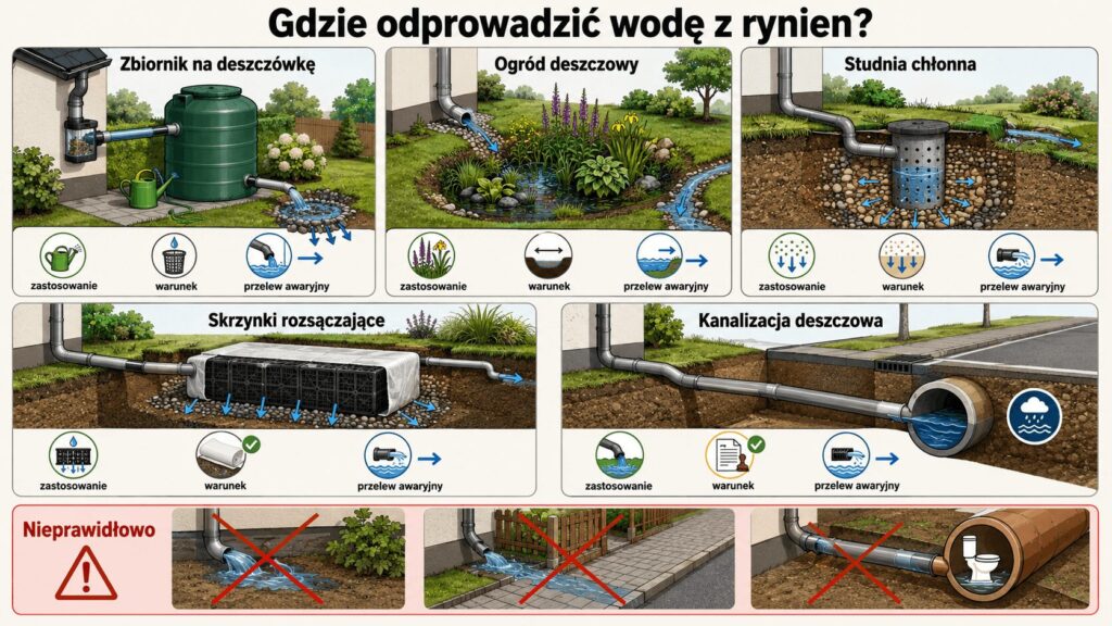 Sposoby odprowadzania wody z rynien: zbiornik na deszczówkę, ogród deszczowy, studnia chłonna, skrzynki rozsączające i kanalizacja deszczowa.