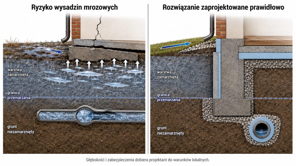 Wysadziny mrozowe przy fundamentach domu i zabezpieczenie przed przemarzaniem gruntu.